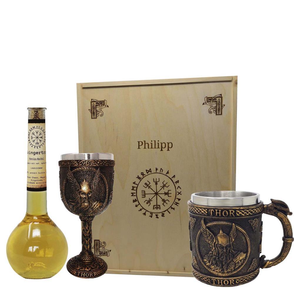 Geschenkset Kelch Thor und Krug Thor inklusive Wikingertrank Honig-Apfel  mit Holzbox
