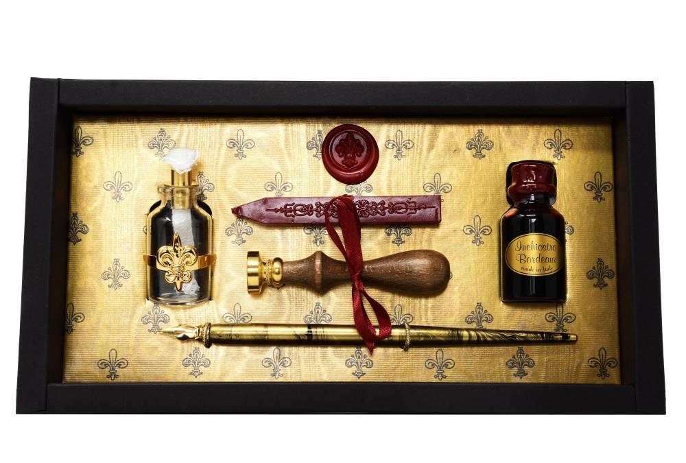 Set with brass seal and wax stick glass wax warmer, nibholder and ink