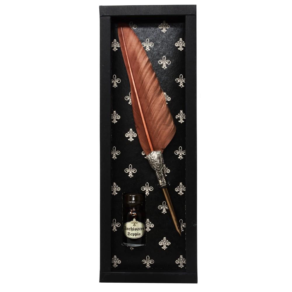 Pen and ink set with metal pen holder featuring a lion