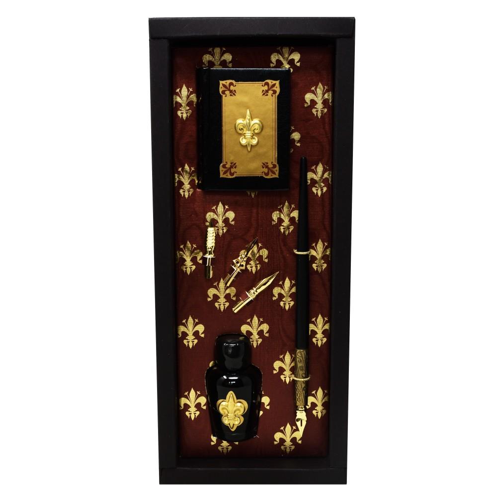 Writing set with pen holder, nibs, book, and ink